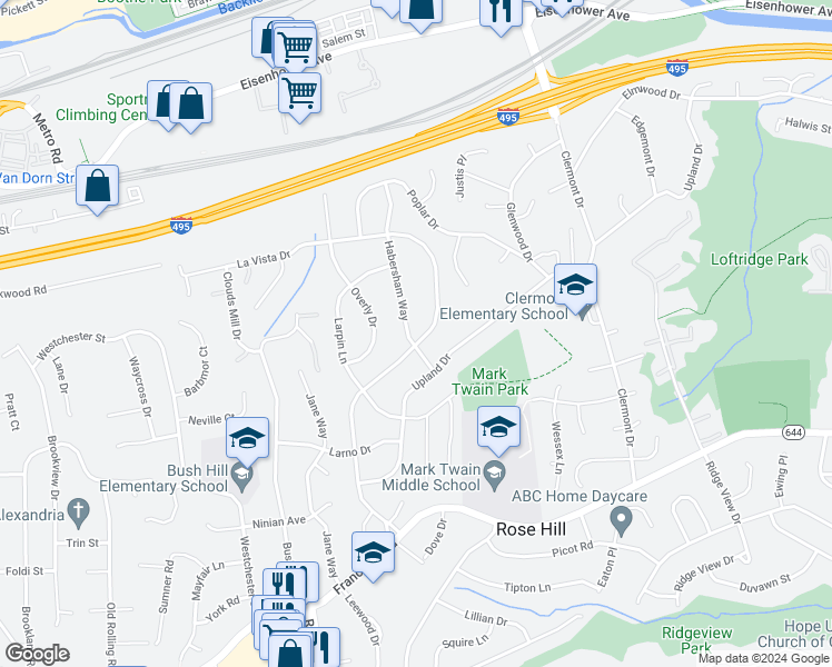 map of restaurants, bars, coffee shops, grocery stores, and more near 5725 Habersham Way in Alexandria