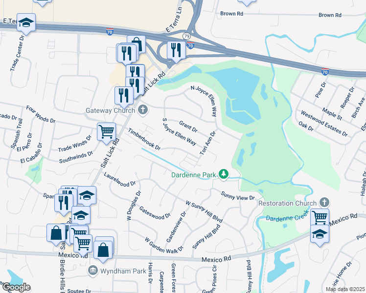 map of restaurants, bars, coffee shops, grocery stores, and more near 117 Timberbrook Drive in Saint Peters