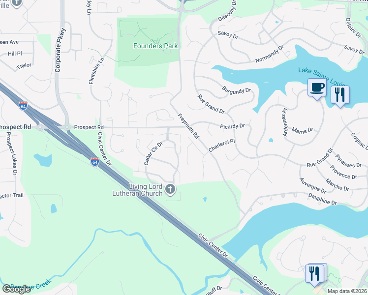 map of restaurants, bars, coffee shops, grocery stores, and more near 405 Summer Fair Court in Lake Saint Louis