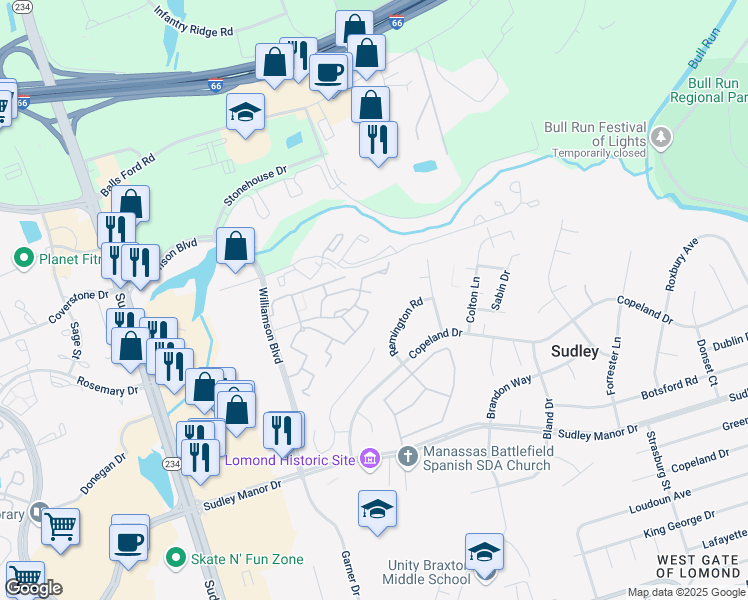 map of restaurants, bars, coffee shops, grocery stores, and more near 10389 Rapidan Lane in Manassas