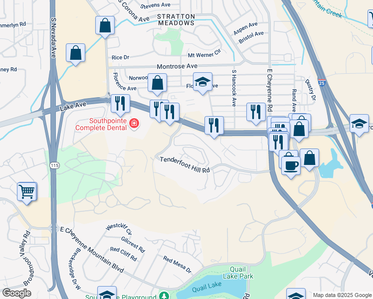 map of restaurants, bars, coffee shops, grocery stores, and more near 840 Tenderfoot Hill Road in Colorado Springs