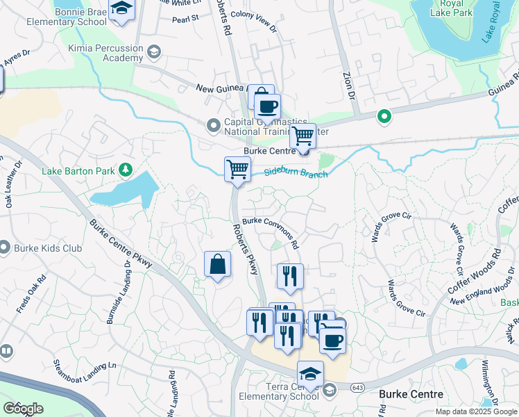 map of restaurants, bars, coffee shops, grocery stores, and more near Burke Commons Road in Burke