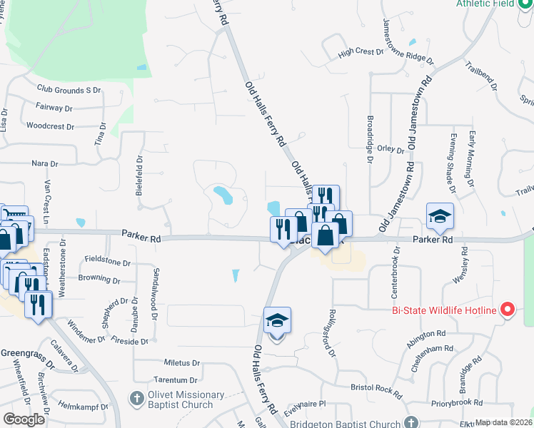 map of restaurants, bars, coffee shops, grocery stores, and more near 4625 Parker Road in Florissant