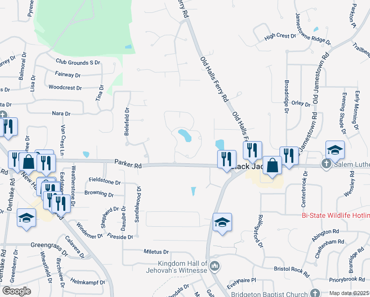 map of restaurants, bars, coffee shops, grocery stores, and more near 4505 Parker Road in Florissant