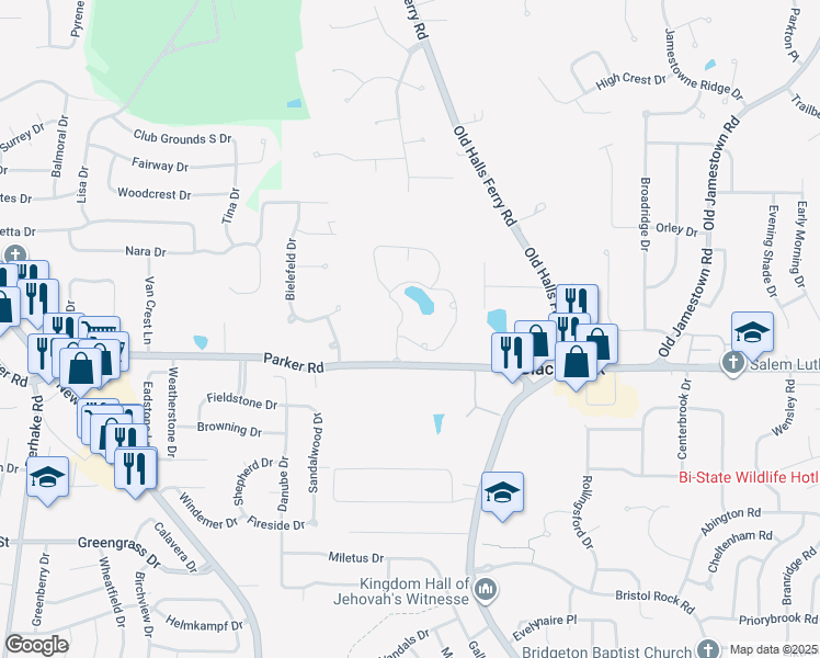 map of restaurants, bars, coffee shops, grocery stores, and more near 4505 Parker Road in Florissant