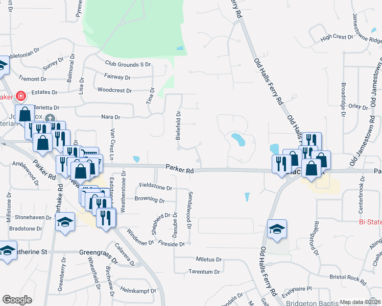 map of restaurants, bars, coffee shops, grocery stores, and more near 4272 Bielefeld Drive in Florissant