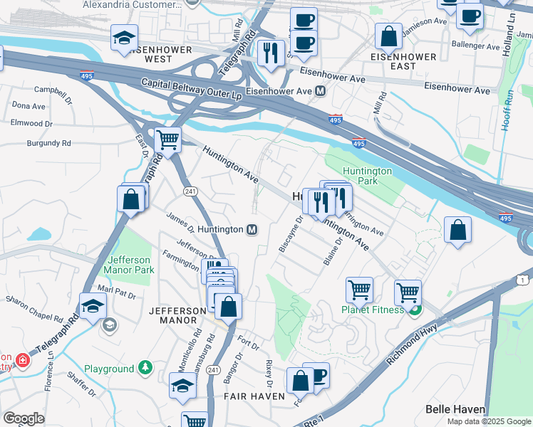 map of restaurants, bars, coffee shops, grocery stores, and more near 2701 Huntington Avenue in Alexandria