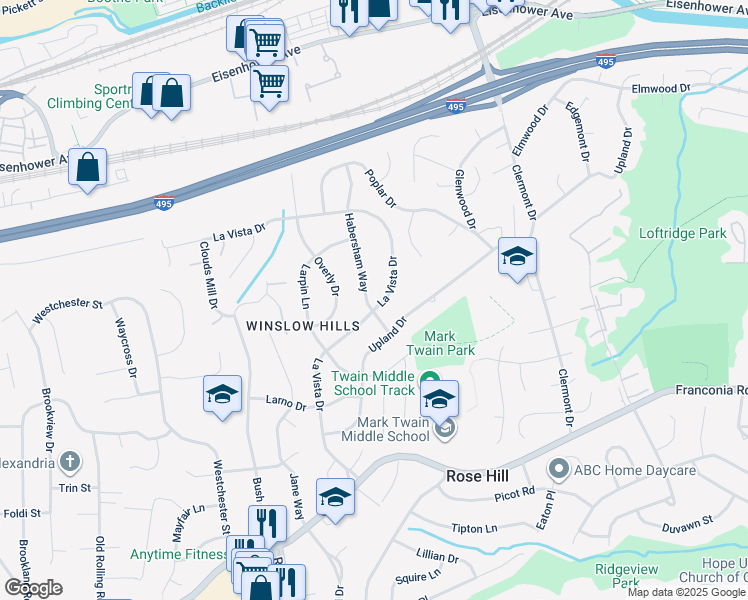 map of restaurants, bars, coffee shops, grocery stores, and more near 5725 Habersham Way in Alexandria