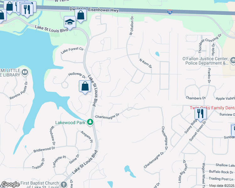 map of restaurants, bars, coffee shops, grocery stores, and more near 31 Forest Lane in O'Fallon
