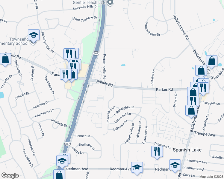map of restaurants, bars, coffee shops, grocery stores, and more near 12095 Rosemist Drive in St. Louis