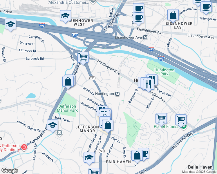 map of restaurants, bars, coffee shops, grocery stores, and more near 2622 Wagon Drive in Alexandria