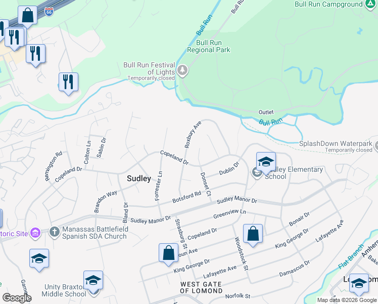map of restaurants, bars, coffee shops, grocery stores, and more near 7411 Roxbury Avenue in Manassas