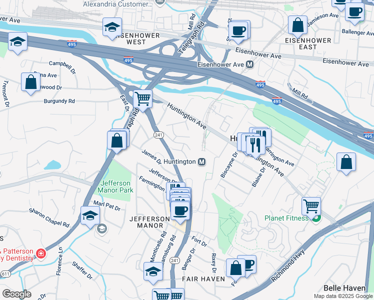 map of restaurants, bars, coffee shops, grocery stores, and more near 2620 Wagon Drive in Alexandria
