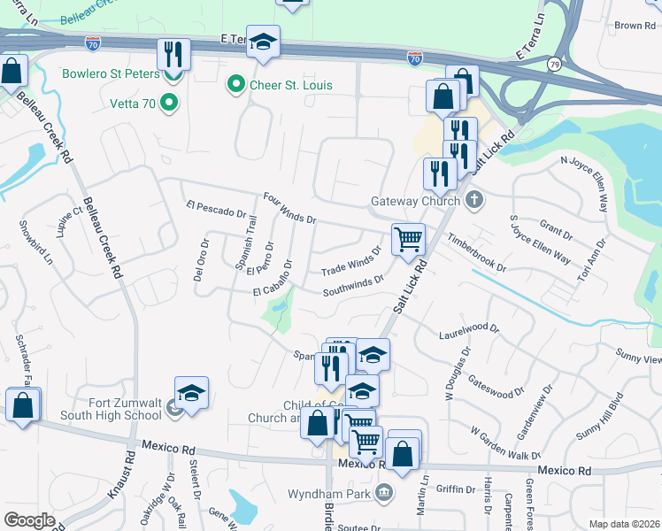 map of restaurants, bars, coffee shops, grocery stores, and more near 23 Trade Winds Drive in St. Peters