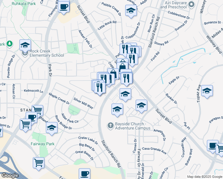 map of restaurants, bars, coffee shops, grocery stores, and more near 6598 Stanford Ranch Rd in Rocklin