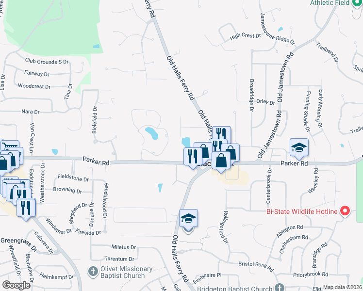 map of restaurants, bars, coffee shops, grocery stores, and more near 4625 Parker Road in Florissant