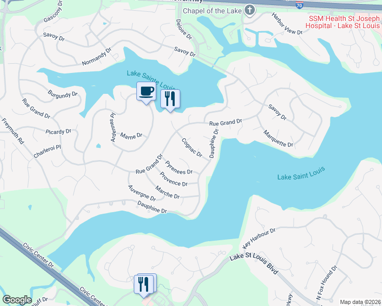 map of restaurants, bars, coffee shops, grocery stores, and more near 15 Cognac Drive in Lake Saint Louis
