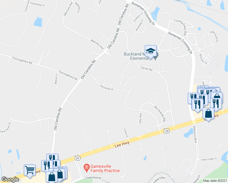 map of restaurants, bars, coffee shops, grocery stores, and more near 15129 Santander Drive in Gainesville