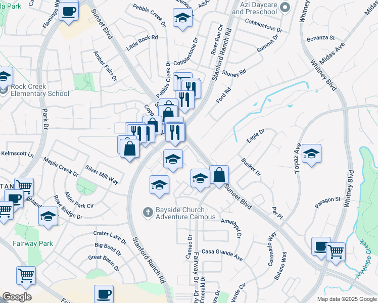 map of restaurants, bars, coffee shops, grocery stores, and more near 408 Beachcomber Drive East in Rocklin