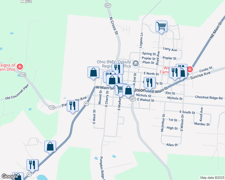 map of restaurants, bars, coffee shops, grocery stores, and more near 209 West Main Street in West Union