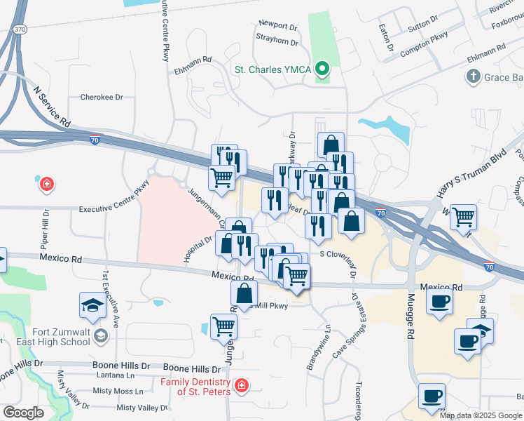 map of restaurants, bars, coffee shops, grocery stores, and more near 1100 Pure Street in St. Peters