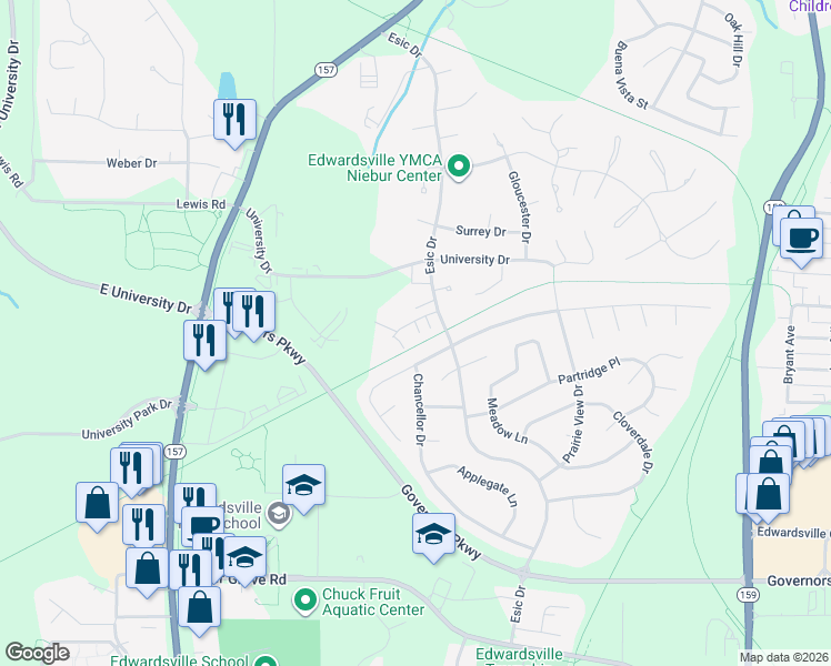 map of restaurants, bars, coffee shops, grocery stores, and more near 15 Dorset Court in Edwardsville