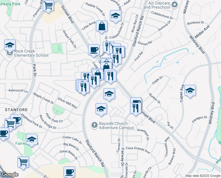 map of restaurants, bars, coffee shops, grocery stores, and more near 6023 Stanford Ranch Road in Rocklin