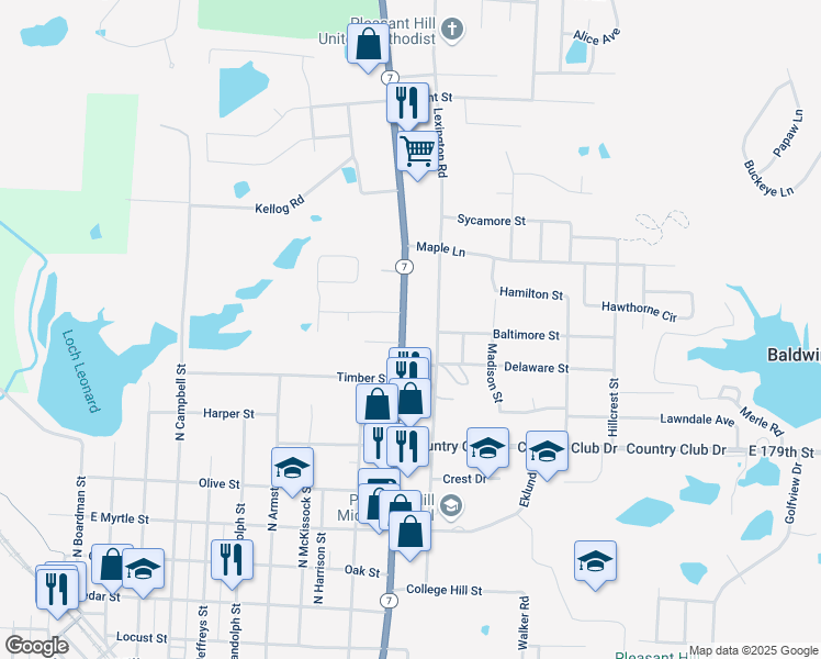 map of restaurants, bars, coffee shops, grocery stores, and more near 706 Missouri 7 in Pleasant Hill
