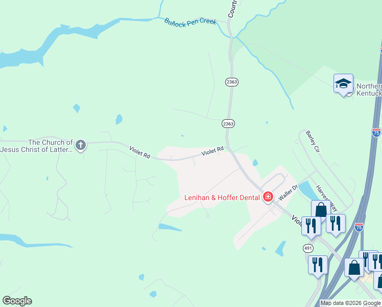 map of restaurants, bars, coffee shops, grocery stores, and more near 1195 Violet Road in Crittenden