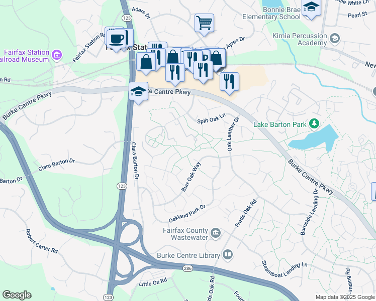 map of restaurants, bars, coffee shops, grocery stores, and more near 5900 Oak Ridge Court in Burke
