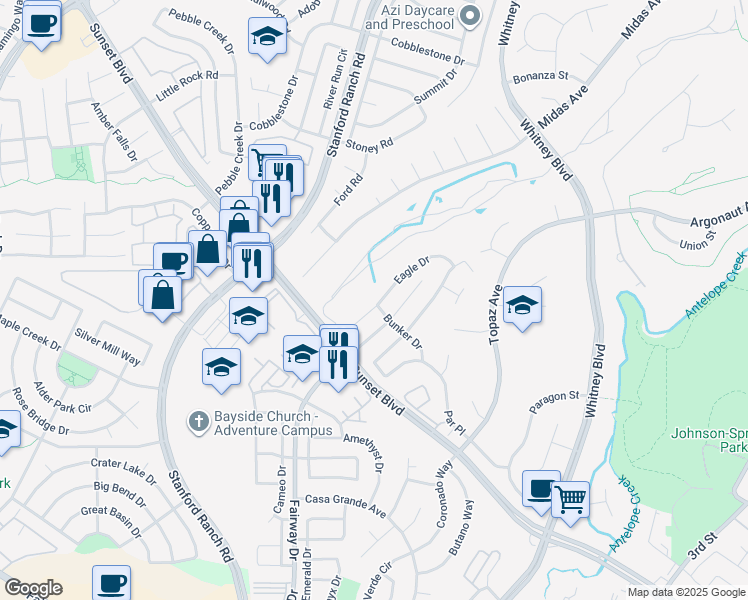 map of restaurants, bars, coffee shops, grocery stores, and more near 2268 Eagle Drive in Rocklin