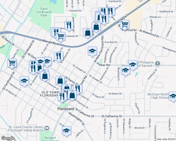 map of restaurants, bars, coffee shops, grocery stores, and more near 1060 North New Florissant Road in Florissant