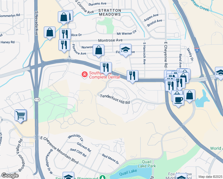 map of restaurants, bars, coffee shops, grocery stores, and more near 814 Tenderfoot Hill Road in Colorado Springs