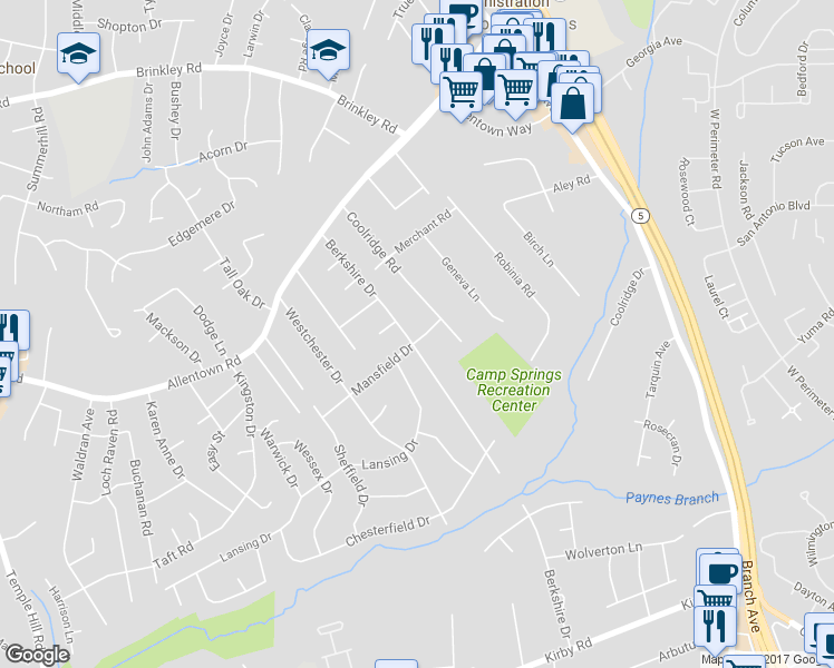 map of restaurants, bars, coffee shops, grocery stores, and more near 5700 Mansfield Drive in Temple Hills