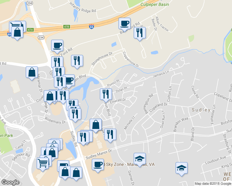 map of restaurants, bars, coffee shops, grocery stores, and more near 10488 Stonington Lane in Manassas