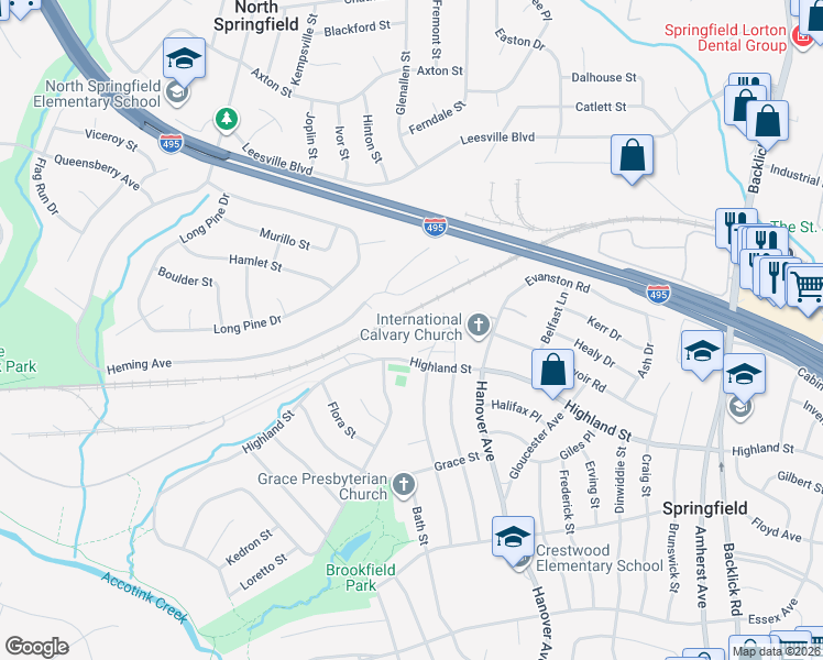 map of restaurants, bars, coffee shops, grocery stores, and more near 7309 Highland St in Springfield