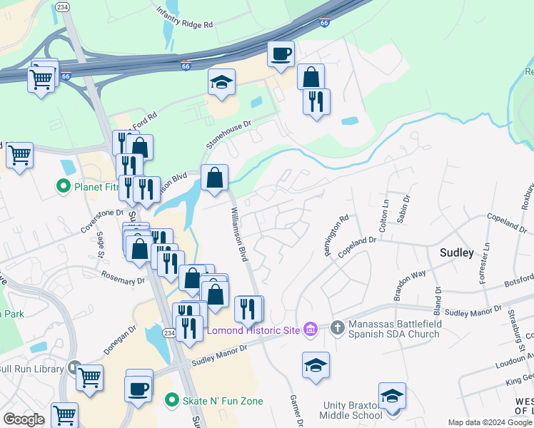 map of restaurants, bars, coffee shops, grocery stores, and more near 10475 Dylan Place in Manassas