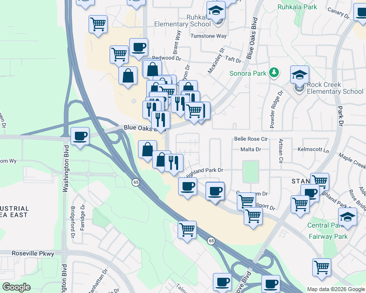 map of restaurants, bars, coffee shops, grocery stores, and more near 8422 Oliva Road in Roseville