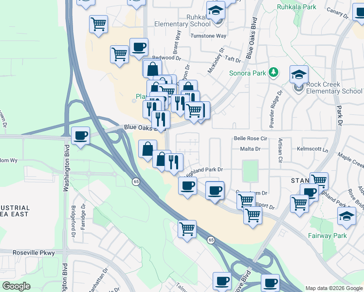 map of restaurants, bars, coffee shops, grocery stores, and more near 8422 Oliva Road in Roseville