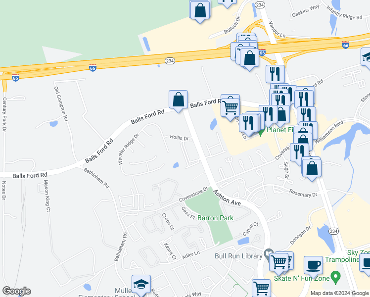map of restaurants, bars, coffee shops, grocery stores, and more near 7431 Willoughby Lane in Manassas