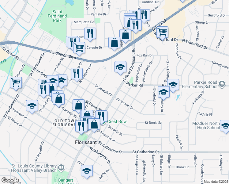 map of restaurants, bars, coffee shops, grocery stores, and more near 1060 North New Florissant Road in Florissant