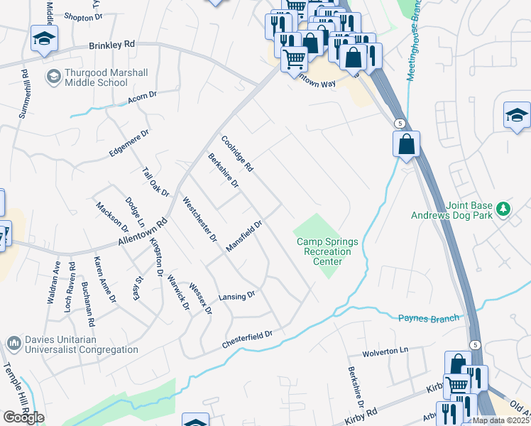 map of restaurants, bars, coffee shops, grocery stores, and more near 5700 Mansfield Drive in Temple Hills