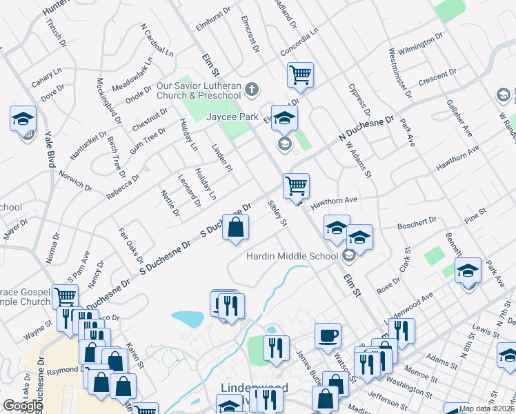map of restaurants, bars, coffee shops, grocery stores, and more near 108 South Duchesne Drive in Saint Charles