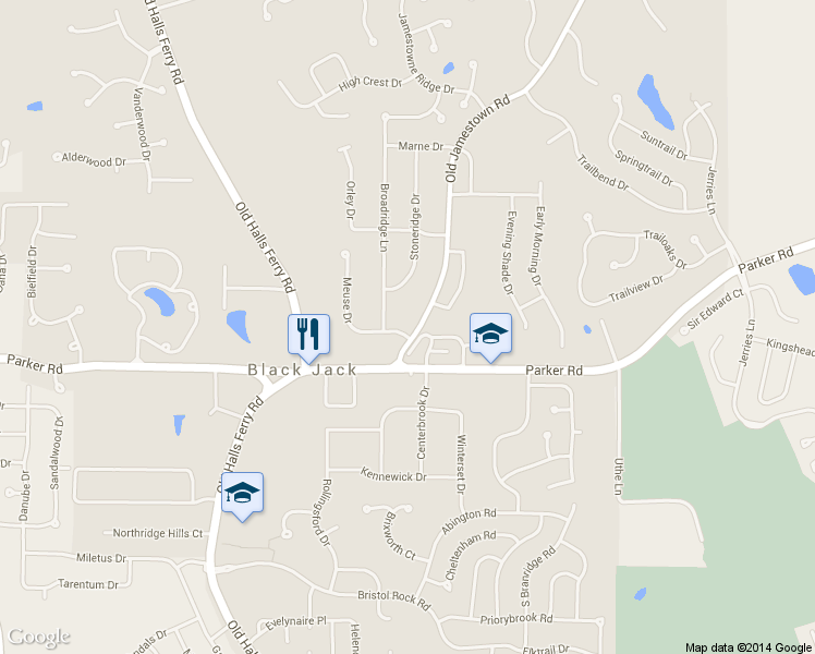 map of restaurants, bars, coffee shops, grocery stores, and more near 12495 Old Jamestown Road in Florissant