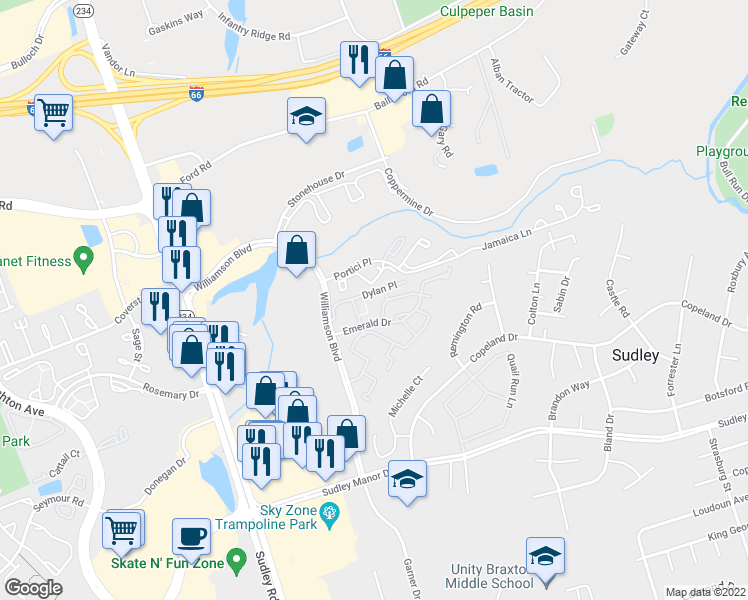 map of restaurants, bars, coffee shops, grocery stores, and more near 10471 Dylan Place in Manassas