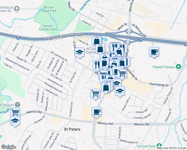 map of restaurants, bars, coffee shops, grocery stores, and more near 302 Starwood Drive in St. Peters