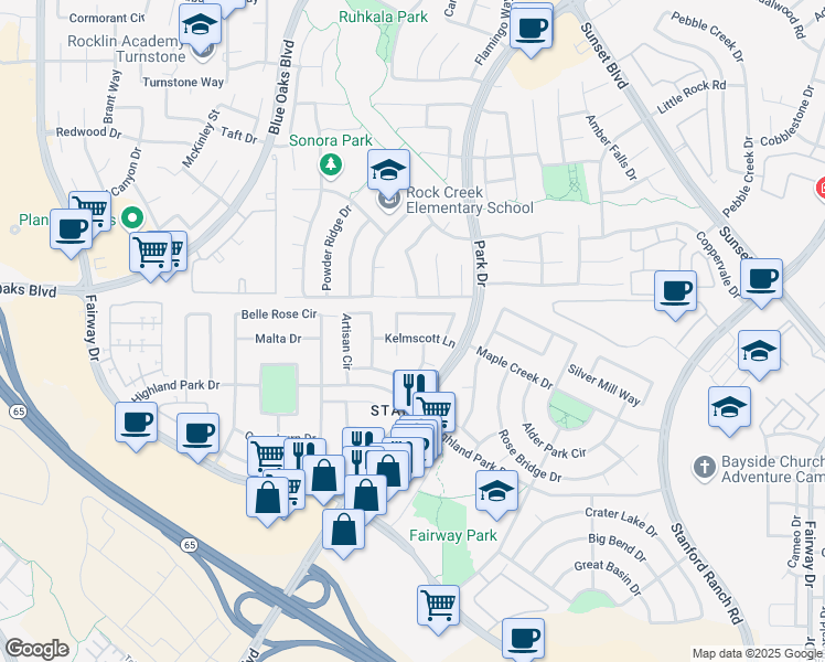 map of restaurants, bars, coffee shops, grocery stores, and more near 7064 Kelmscott Lane in Roseville
