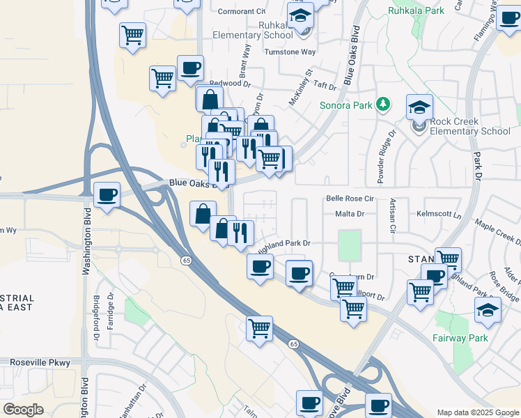 map of restaurants, bars, coffee shops, grocery stores, and more near 8401 Roseto Road in Roseville
