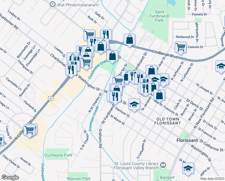 map of restaurants, bars, coffee shops, grocery stores, and more near 446 North Saint Charles Street in Florissant