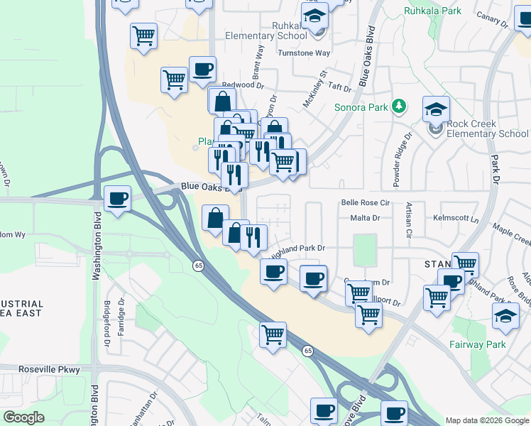 map of restaurants, bars, coffee shops, grocery stores, and more near 8422 Oliva Road in Roseville